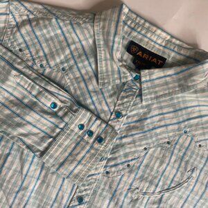 Ariat Western Shirt Mens XXL Blue Plaid Rhinestone Snap Cowboy Rodeo